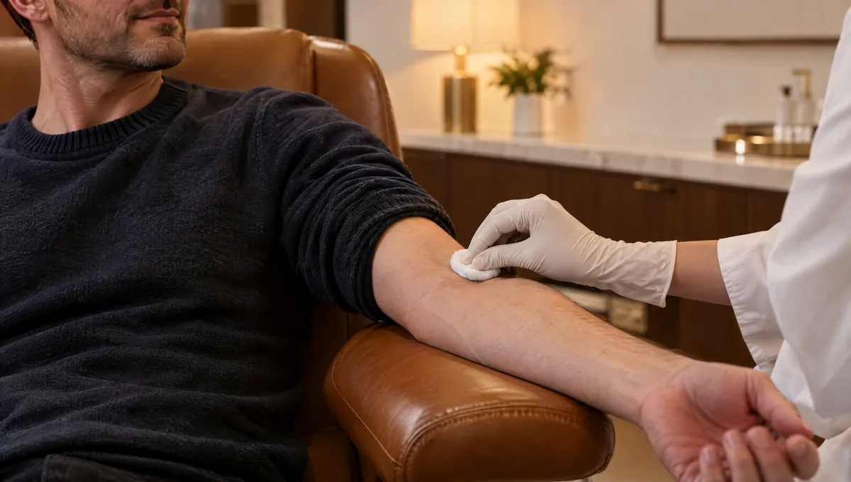 A man rests his forearm on a cognac leather arm rest while a clinician holds a cotton pad at his elbow.