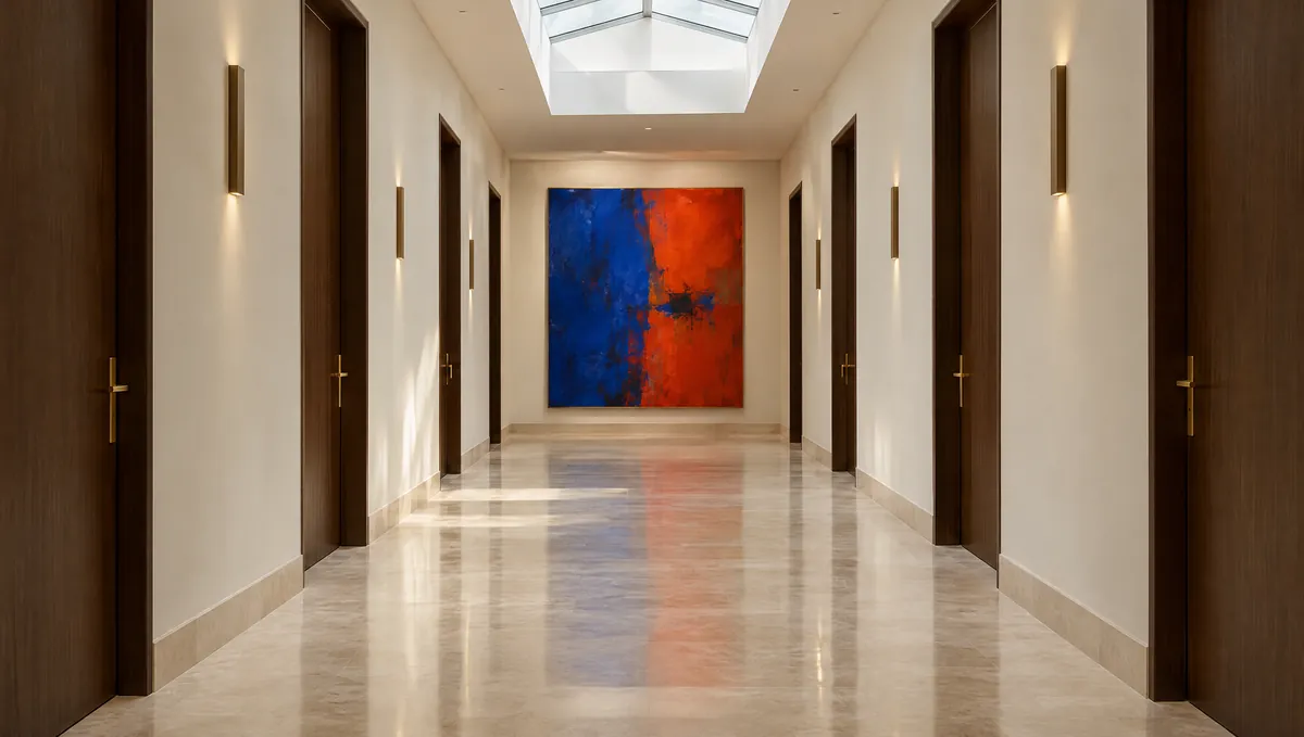 A long white gallery corridor with walnut doors and a large cobalt and vermilion painting at the far end.