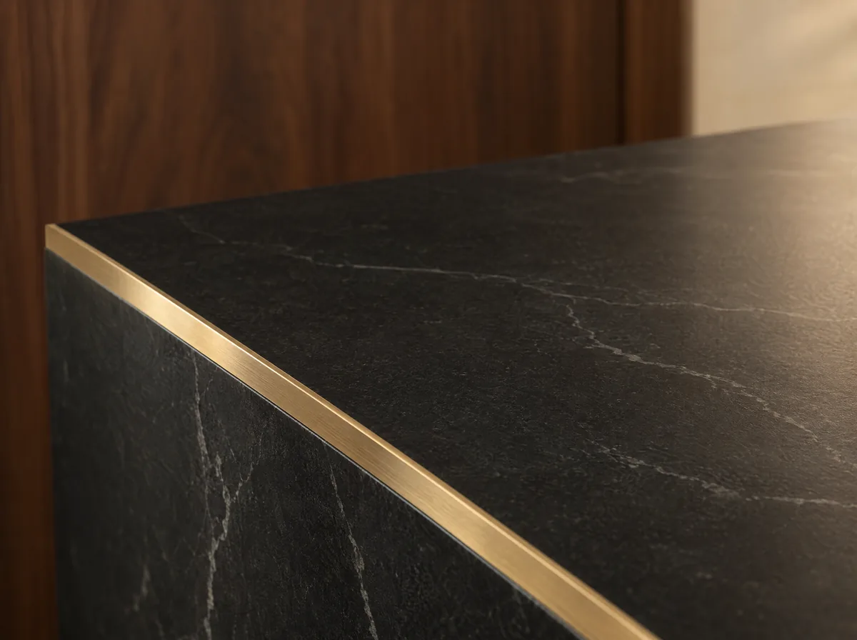 Honed black stone with a brass edge.
