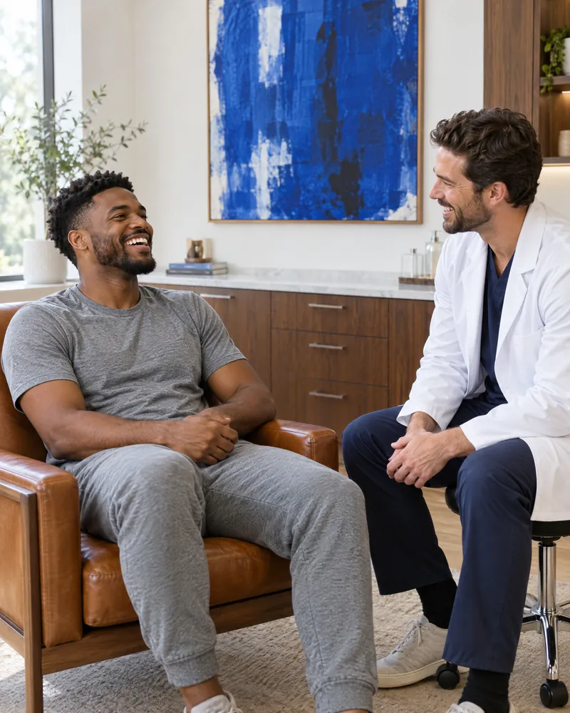 A young man in a t-shirt laughs with his Nurse Practitioner in a treatment room.