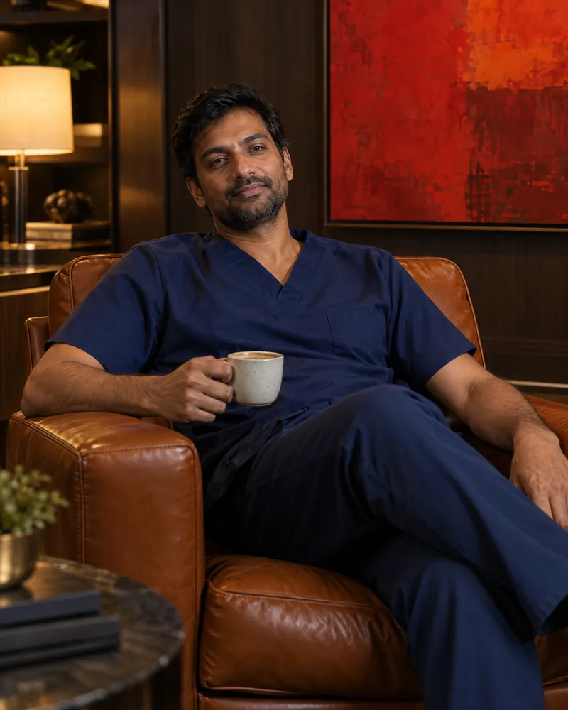 A man in scrubs rests in a leather chair with a coffee.