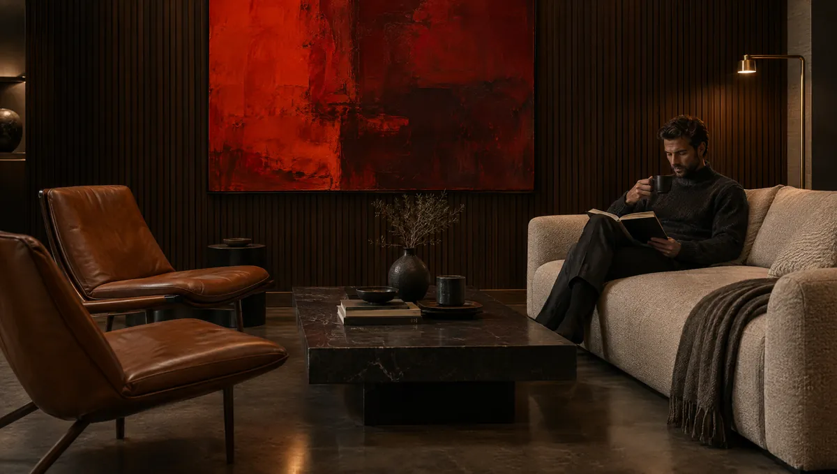 A man reads in a dark lounge with a cognac chair, an oatmeal sofa and a large vermilion painting.