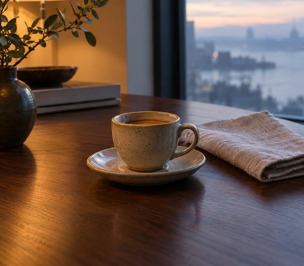 A ceramic espresso cup and a linen napkin on a dark walnut table in warm lamp light, early morning.