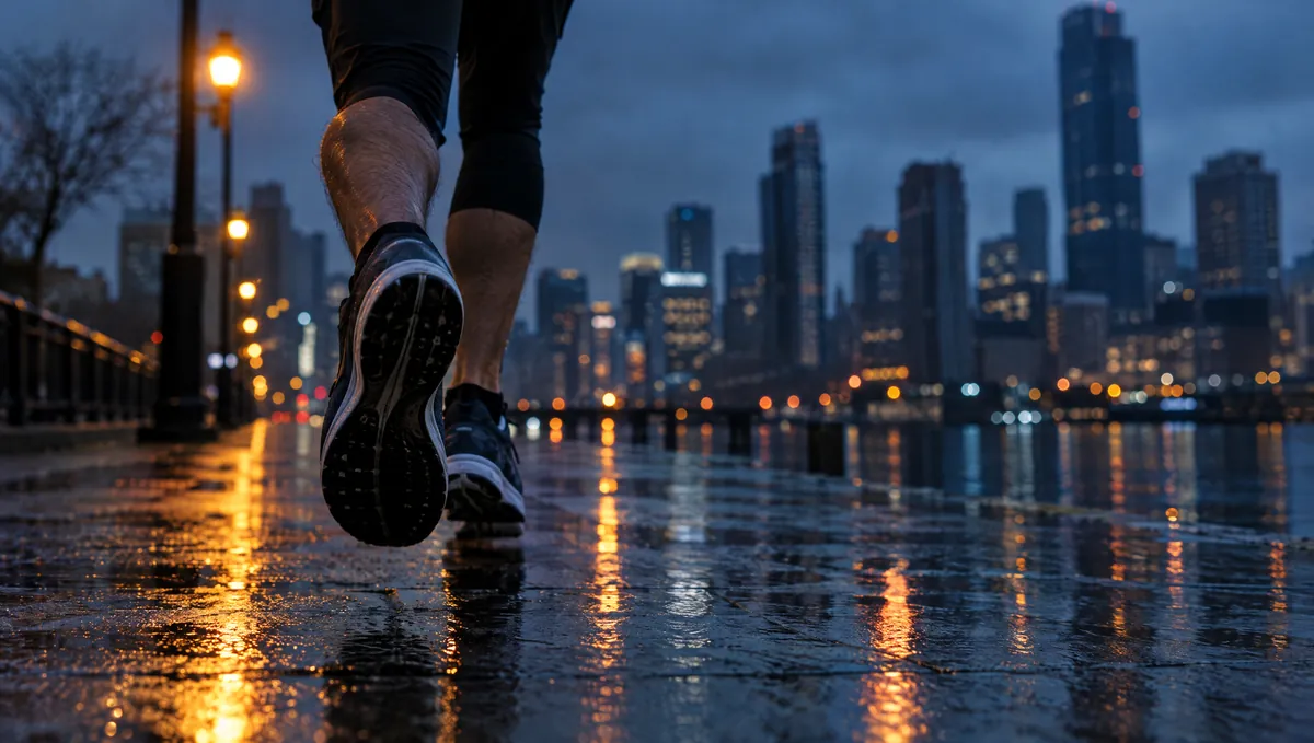 A runner on wet city pavement before sunrise.
