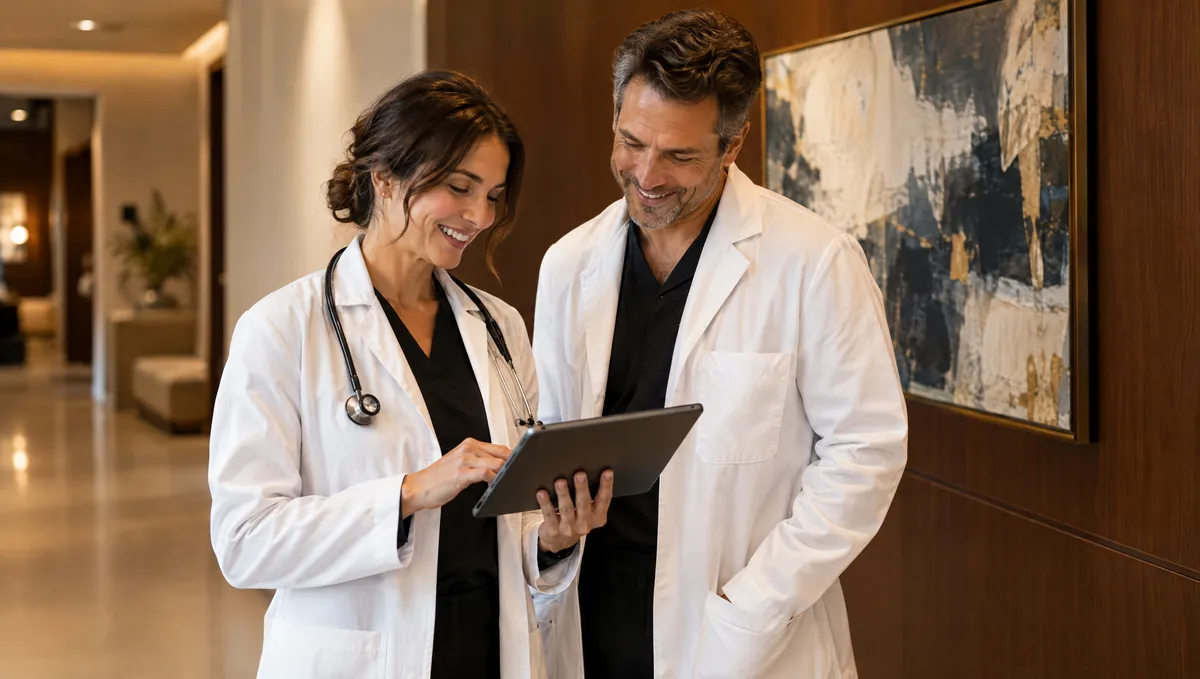 A nurse practitioner and a physician assistant share a laugh.