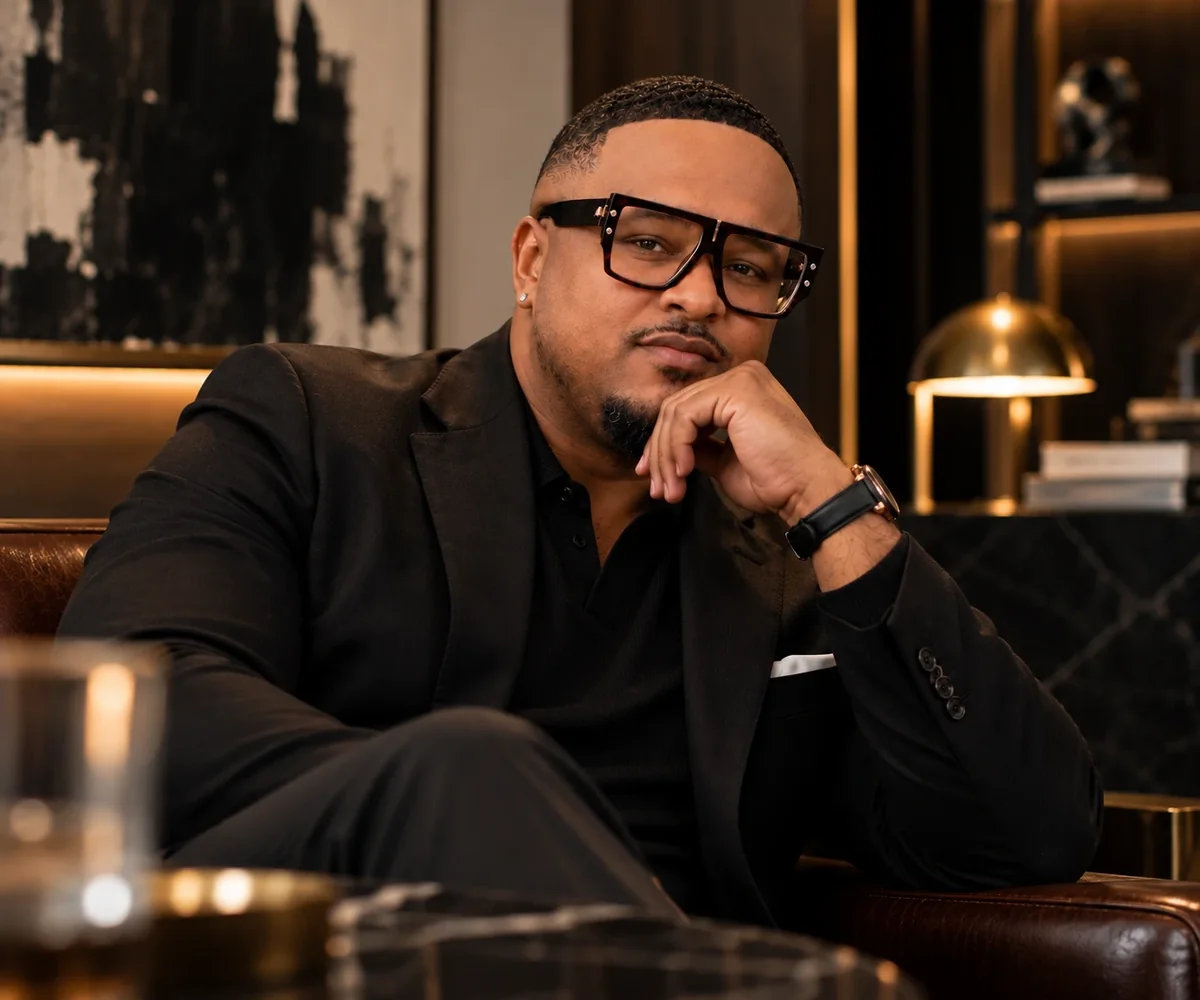 Brennon Jackson, founder of EYEGASMIC, seated in a dark study with his hand at his chin.