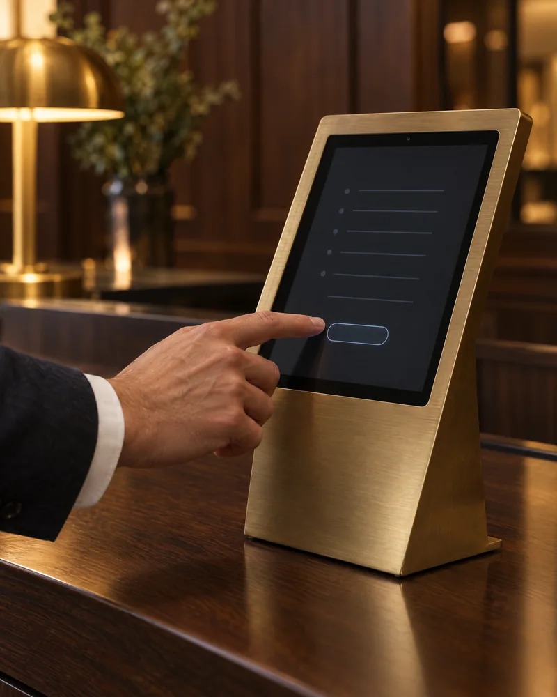 A hand touches a tablet check-in stand in brushed brass, showing a simple check-in screen.