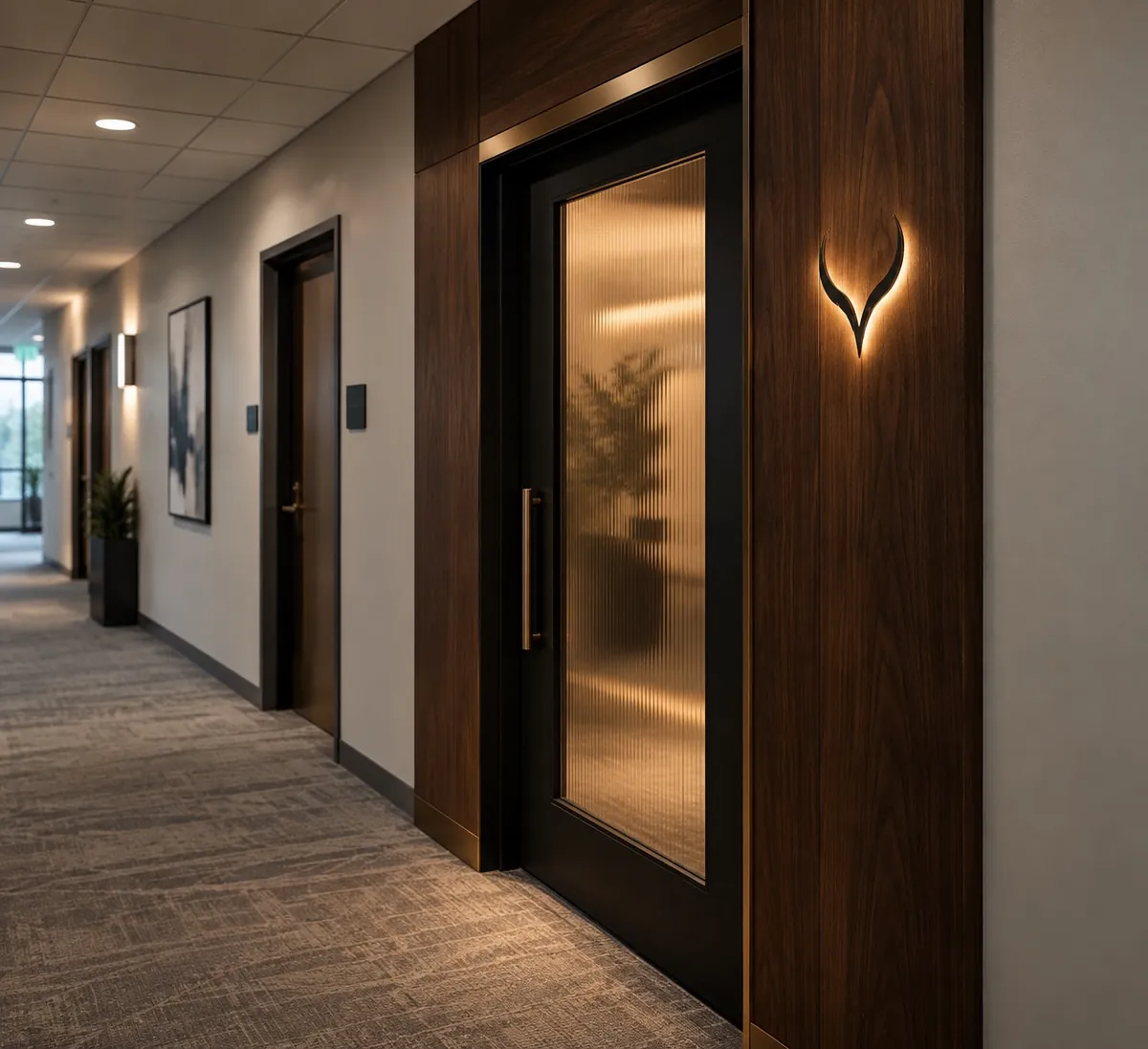 The entrance to an EYEGASMIC Club Office Suite: a black door with fluted glass in a walnut surround, and the backlit horn mark beside it.